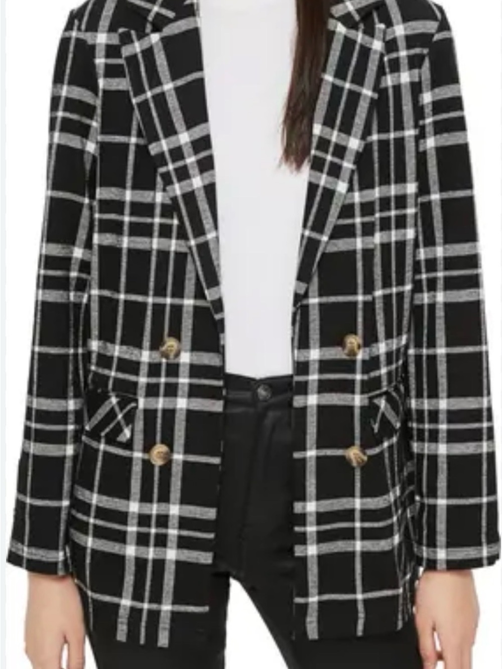 Topshop Black and White Plaid Double-Breasted Blazer with Buttons